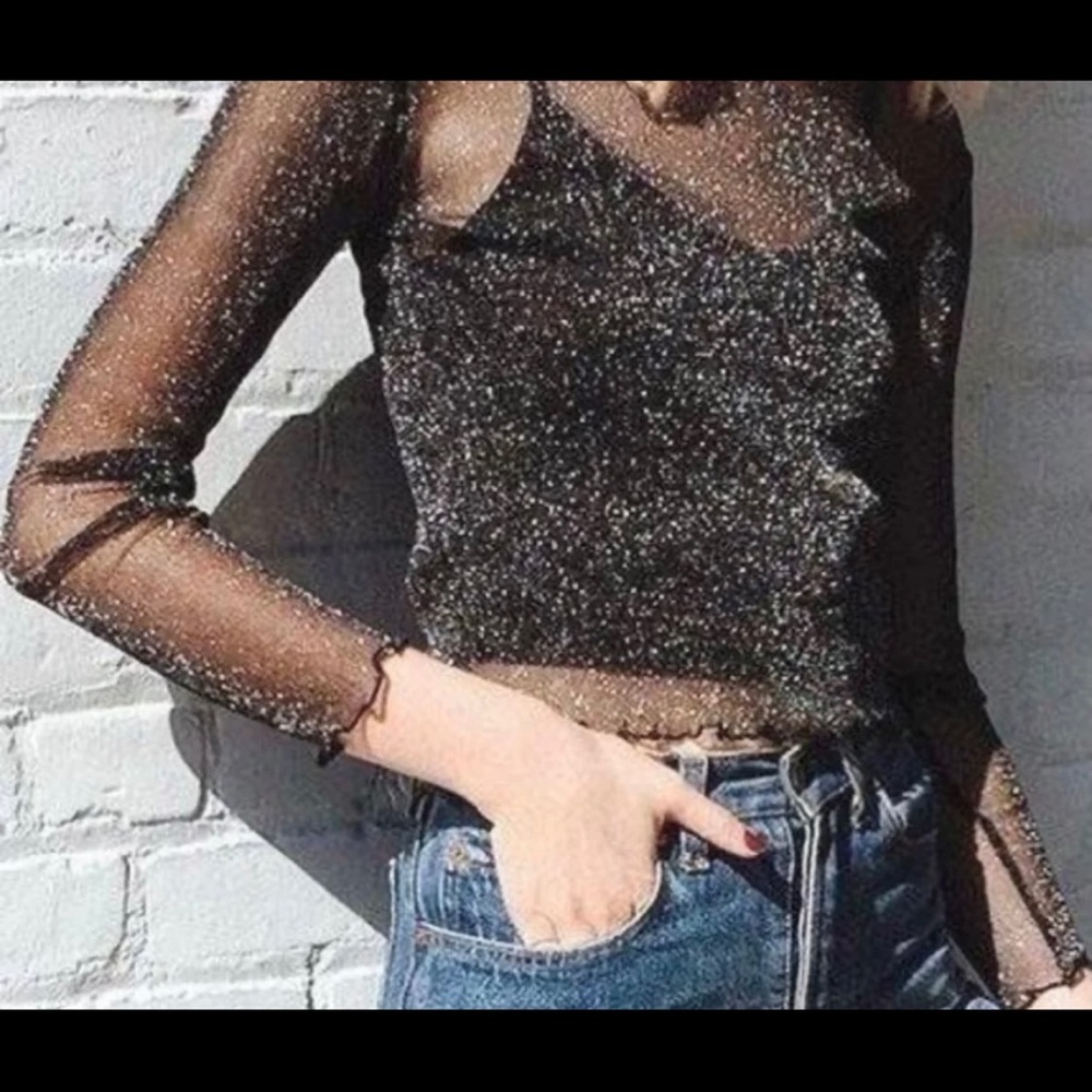 Victoria's Secret New Black & Silver Transperant Stretchy Shimmer Top XS/S - Picture 2 of 9
